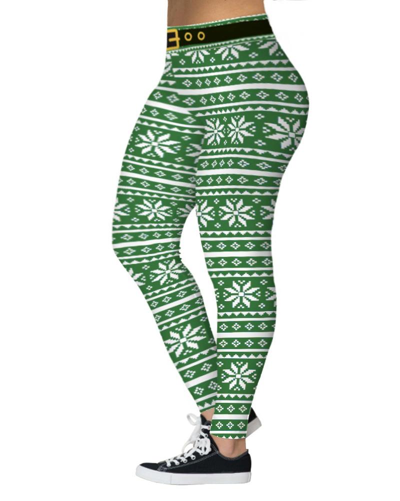 

Christmas Snowflake Print High Waist Skinny Pants, Green