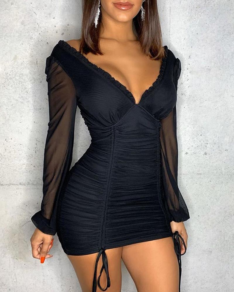 

Mesh Ruched Drawstring Design Bodycon Dress, Black