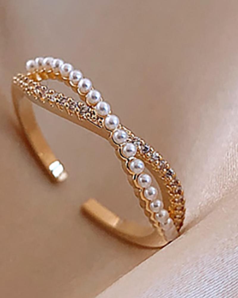 

Beaded Studded Cross Cuff Ring, Gold