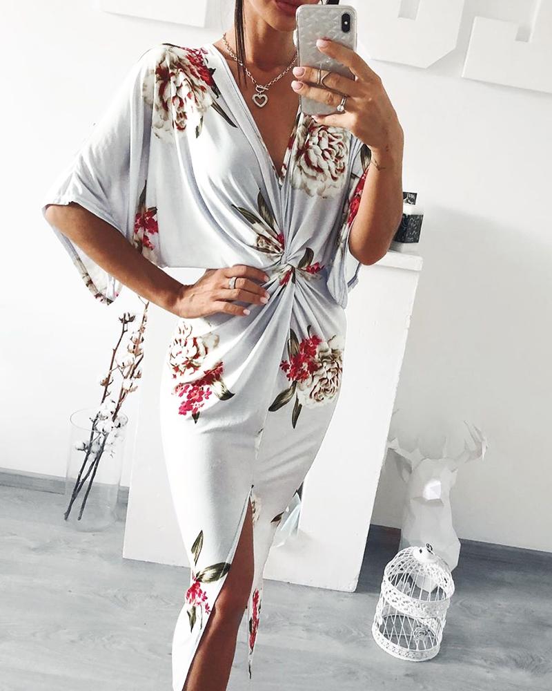

Floral Print Twisted High Slit Midi Dress, White