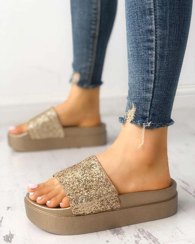 

Sequins Non-slip Platform Sandals, Gold