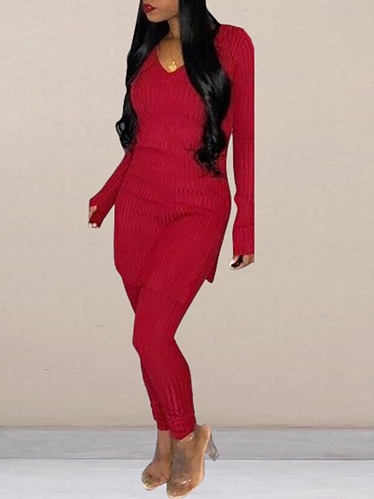 

Solid Long Sleeve V-Neck Top & Pant Sets, Red