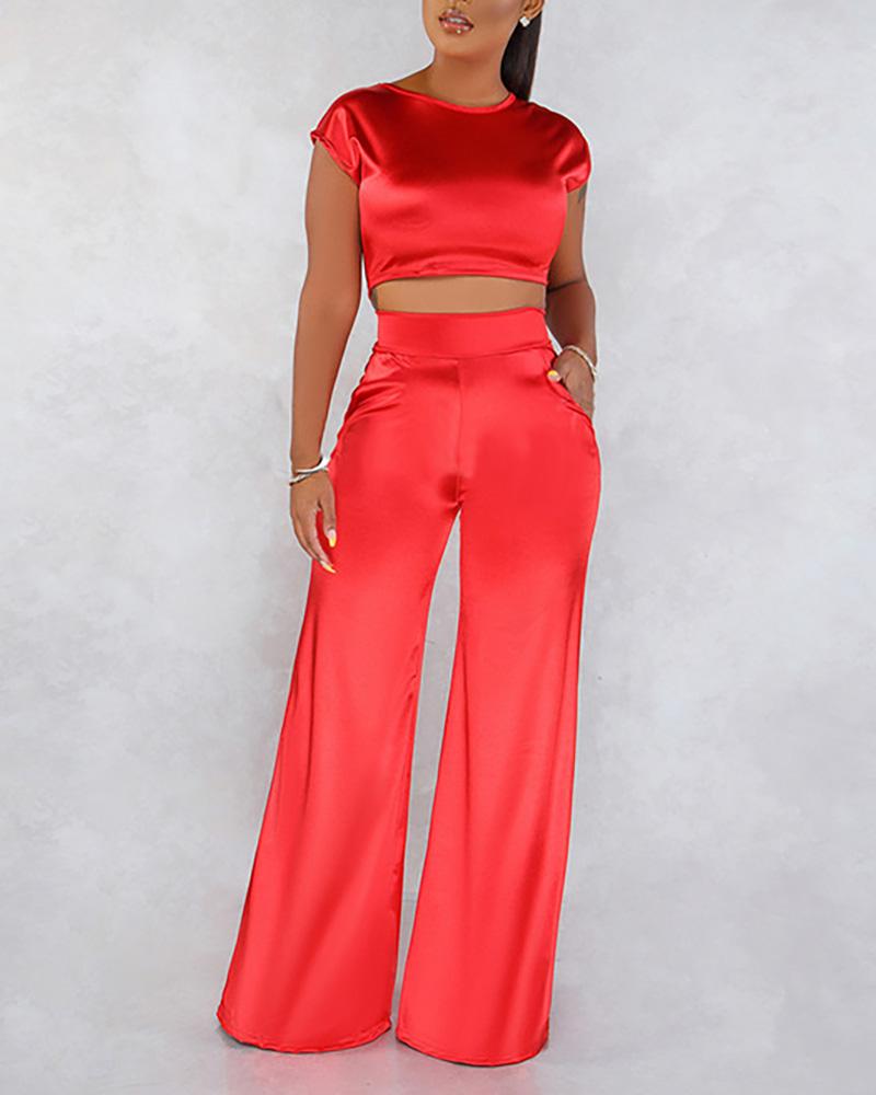 

Solid Crop Top & Wide Leg Pants Sets, Red