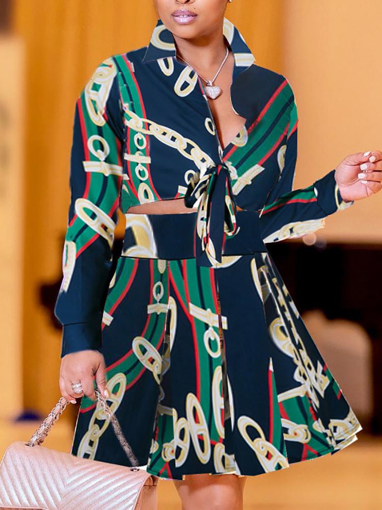 

Ethnic Print Tie Shirt & Pleated Skirt Sets