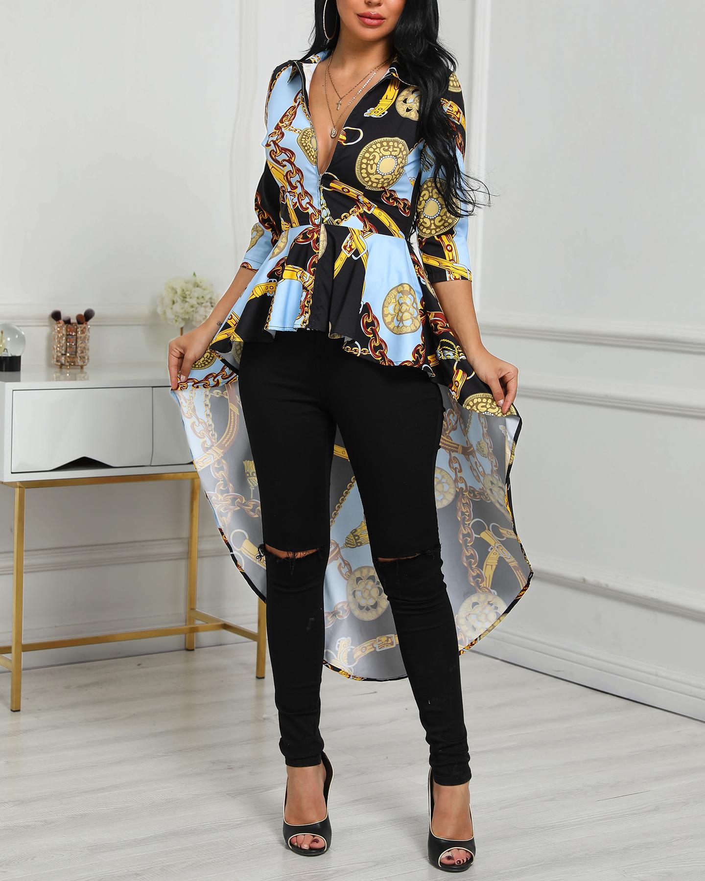 

Scarf Print Dip Hem Zipper Blouse, Multicolor