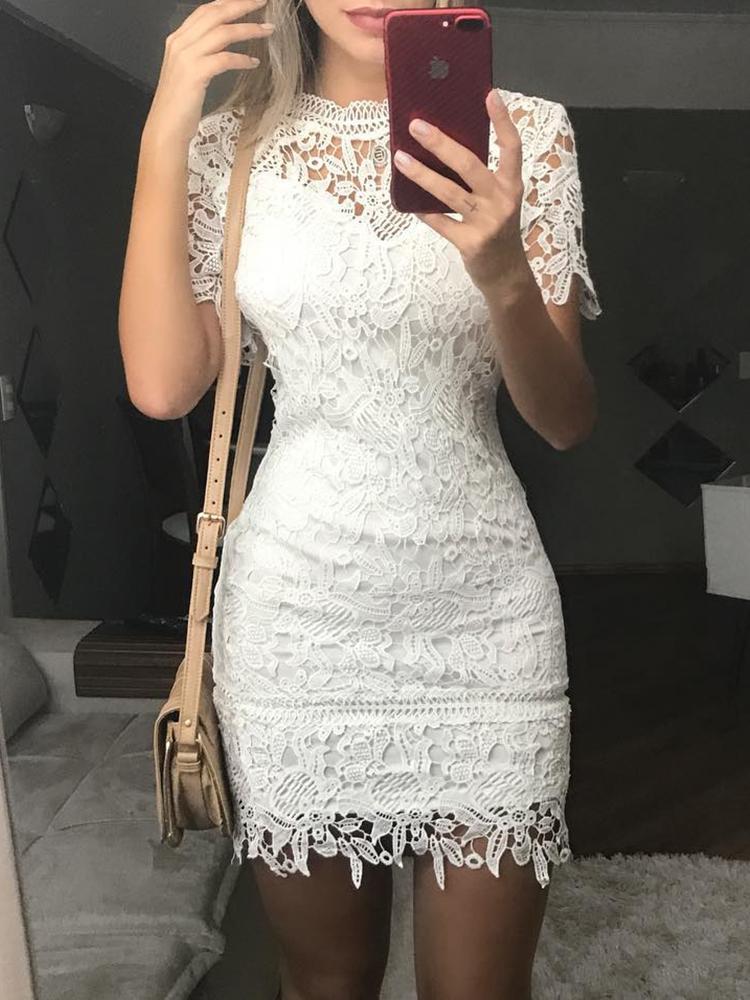

See Through Lace Crochet Bodycon Mini Dress, White