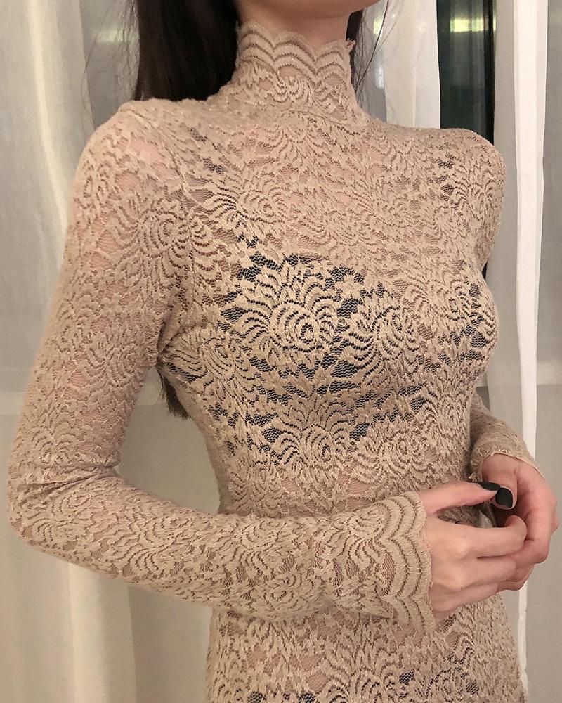 

High Neck Mesh Lace Pattern Top, Khaki