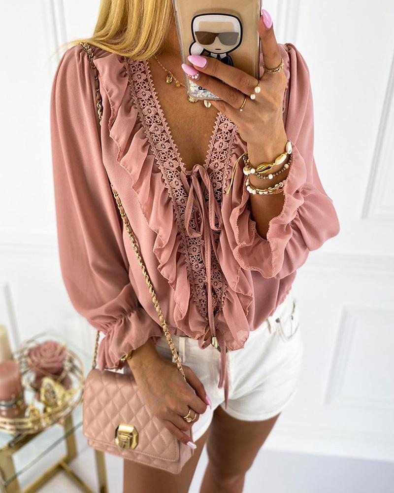 

V-neck Crochet Lace Ruffles Blouse, Pink