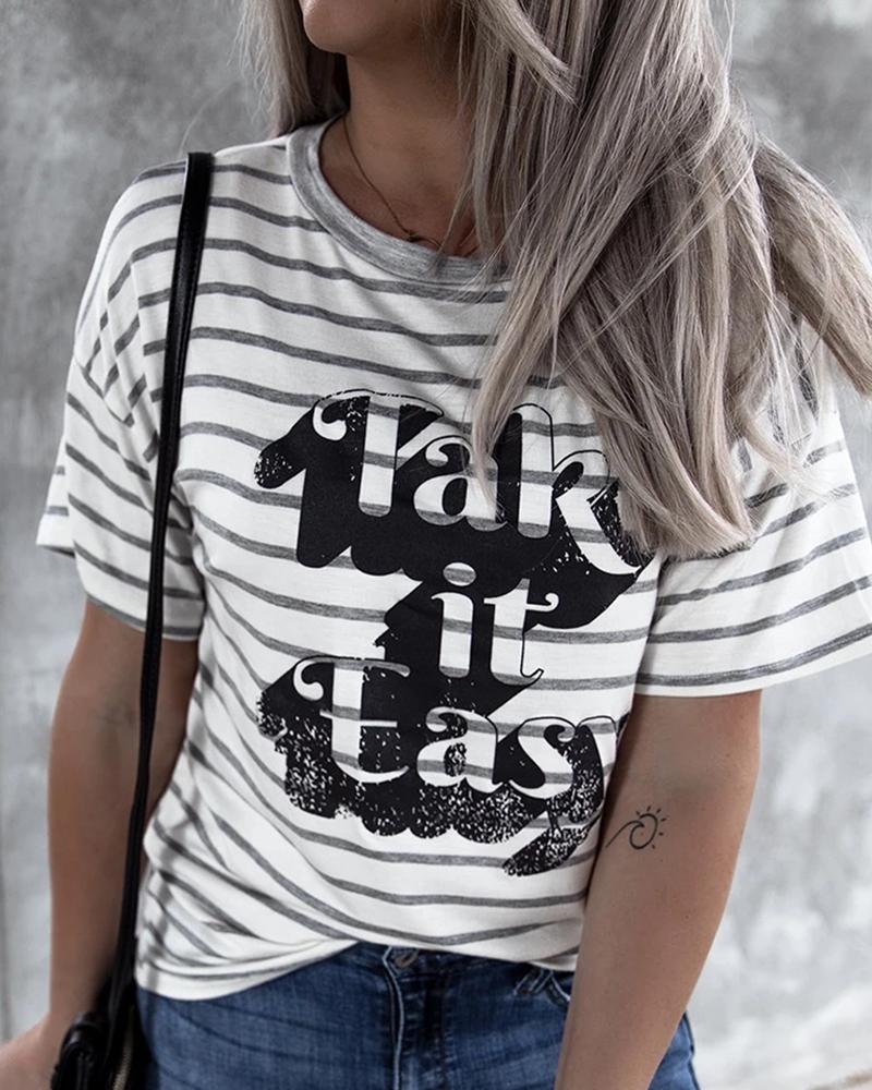

Letter Print Striped Short Sleeve Casual T-shirt, White