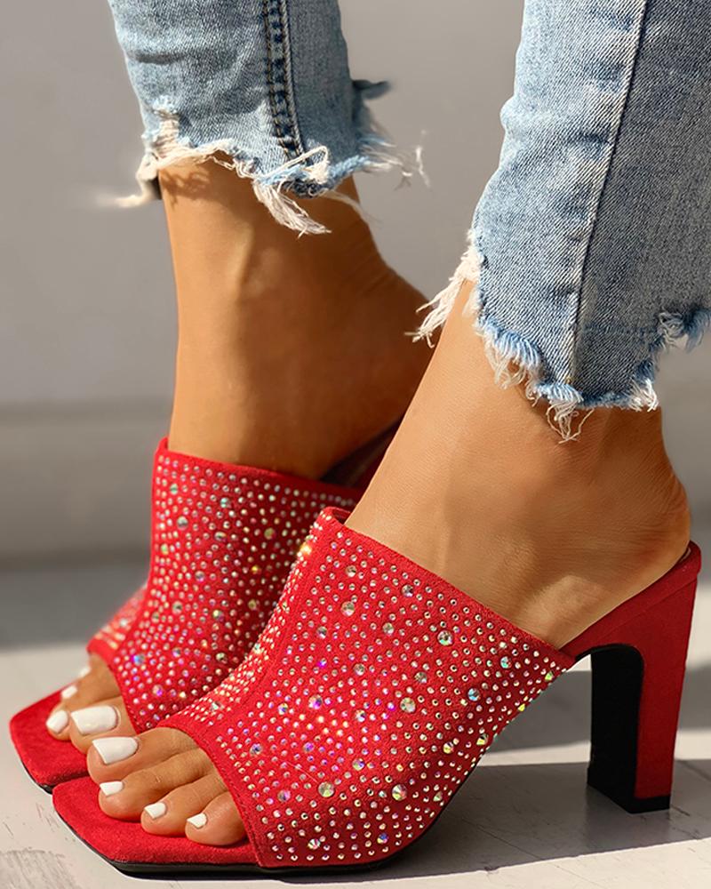 

Glitter Hot Stamping Open Toe Slingback Chunky Heeled Sandals, Red