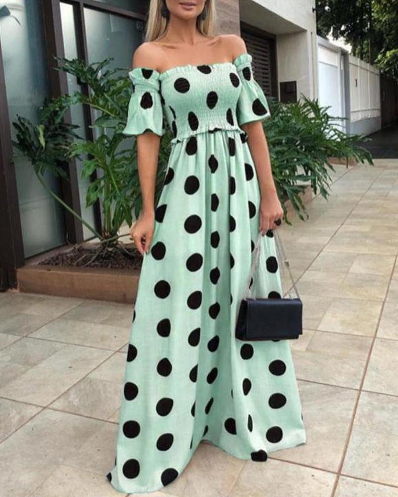 

Polka Dots Off Shoulder Shirring Design Maxi Dress, Green
