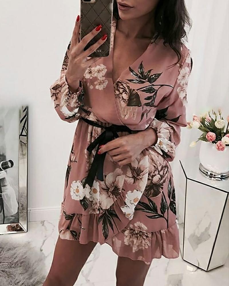 

Floral Long Sleeve Pleated Dress, Pink