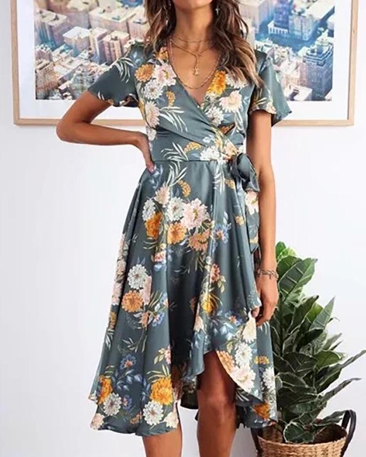 

Floral Print V-Neck Tied Waist Dress, Green