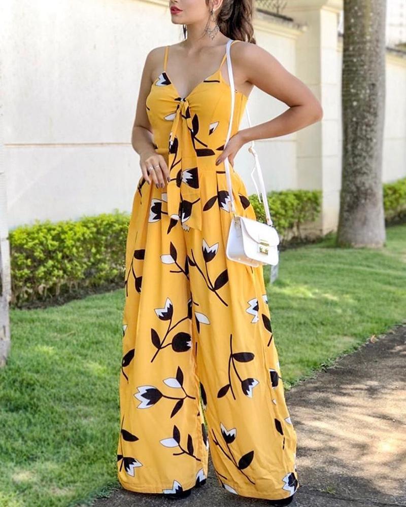 

Leaf Print Knotted Front Wide Leg Jumpsuit