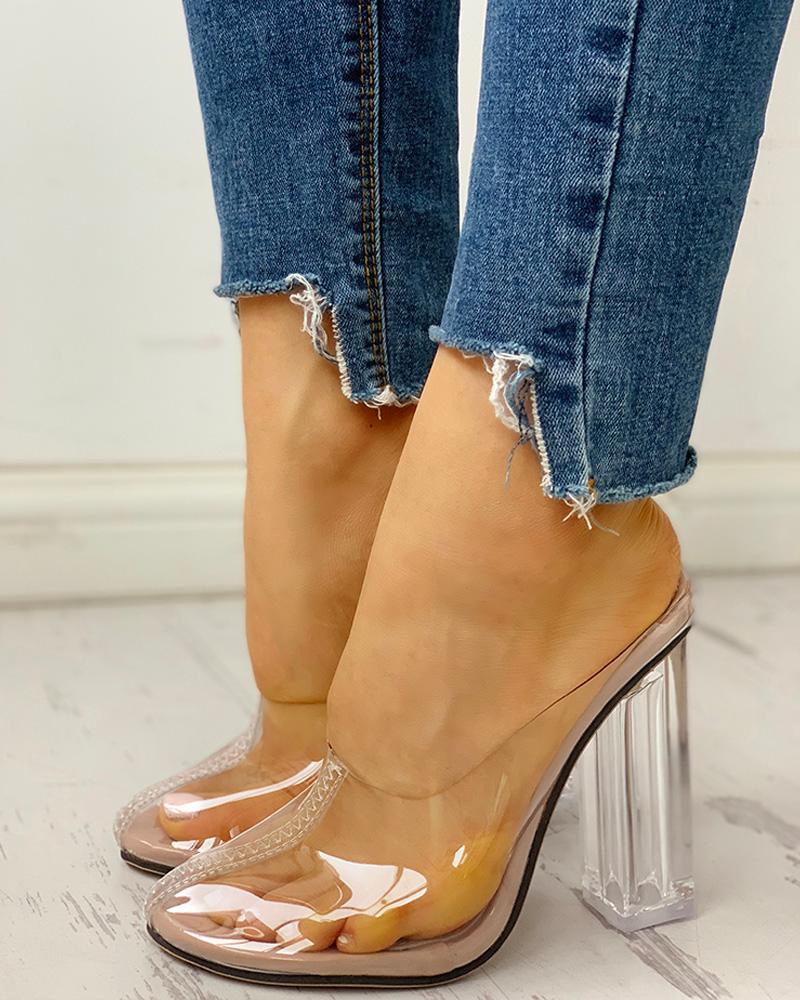 

Pointed Toe Transparent Chunky Heeled Sandals, Apricot