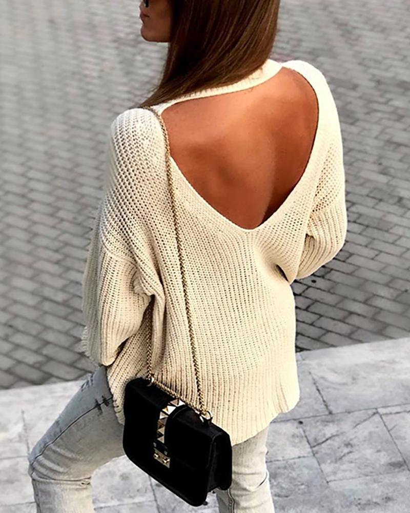 

Solid Cut Out Backless Casual Sweater, Beige