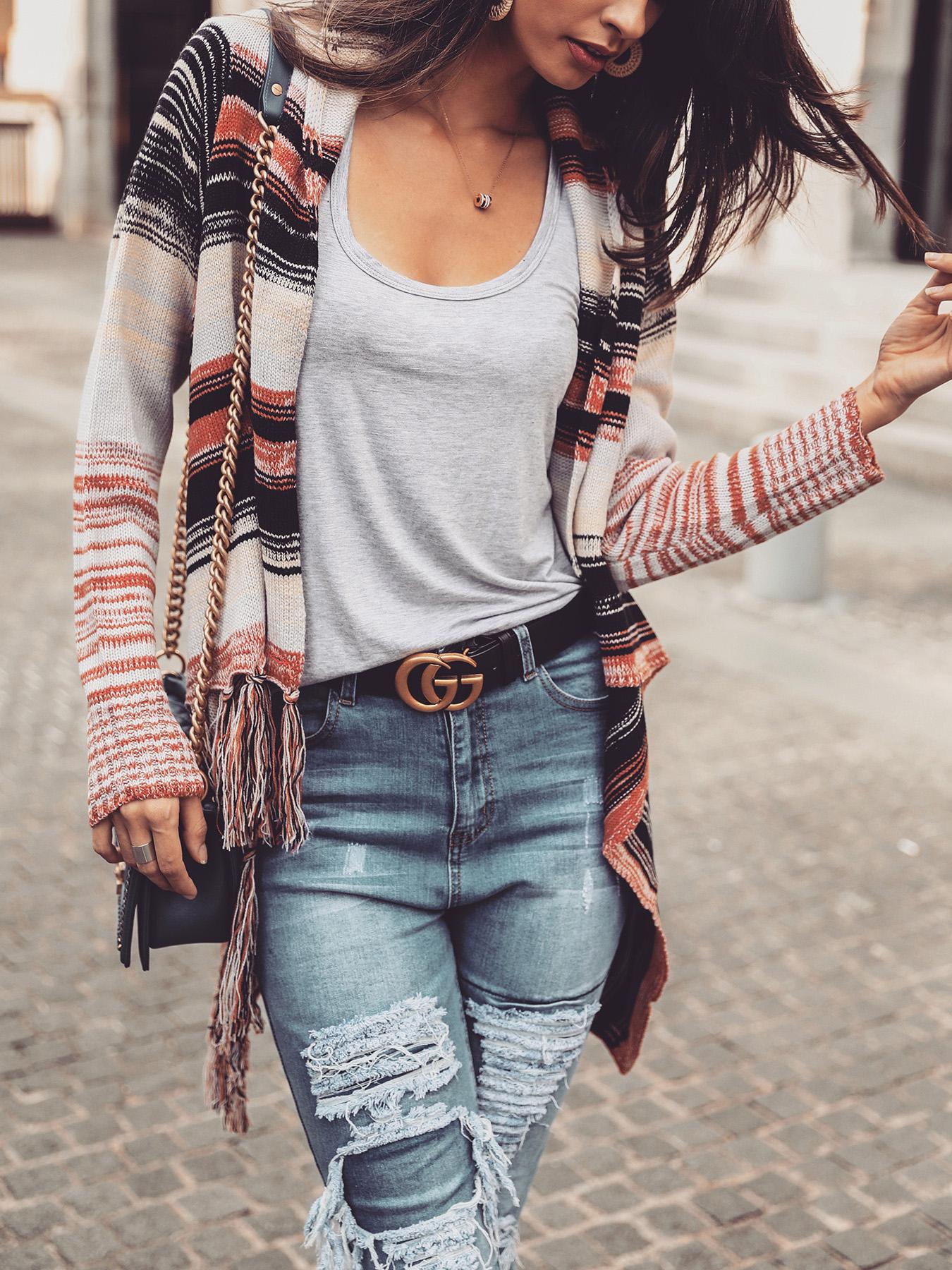 

Colorful Striped Long Sleeve Tassel Irregular Cardigans, Orange