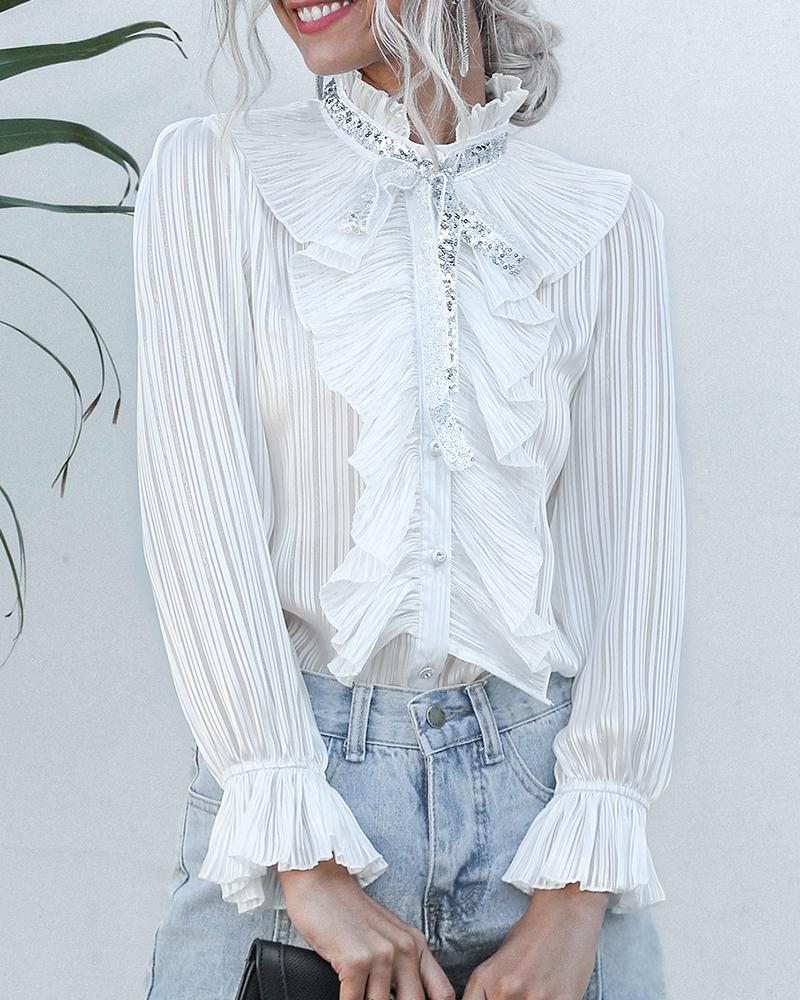 

Mesh Ruffled Bowknot Sequins Frill Blouse, White
