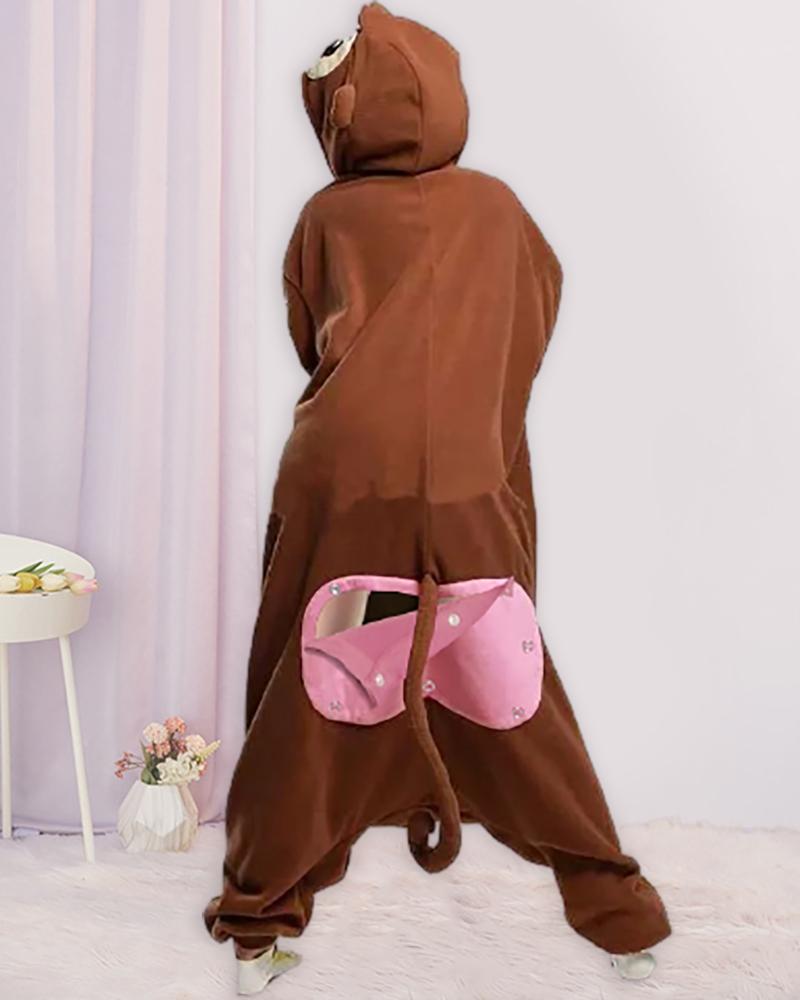 

Cutout Cartoon Functional Buttoned Flap Adults Pajamas, Coffee