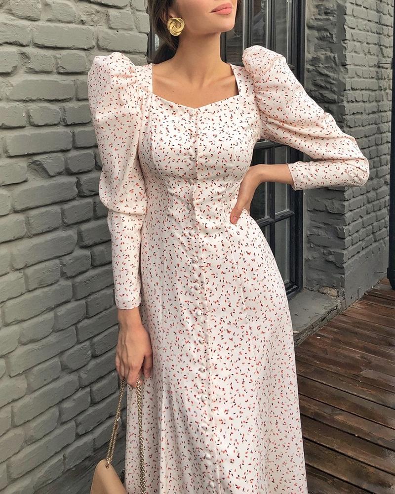 

Puff Sleeve Square Neck Casual Dress, White