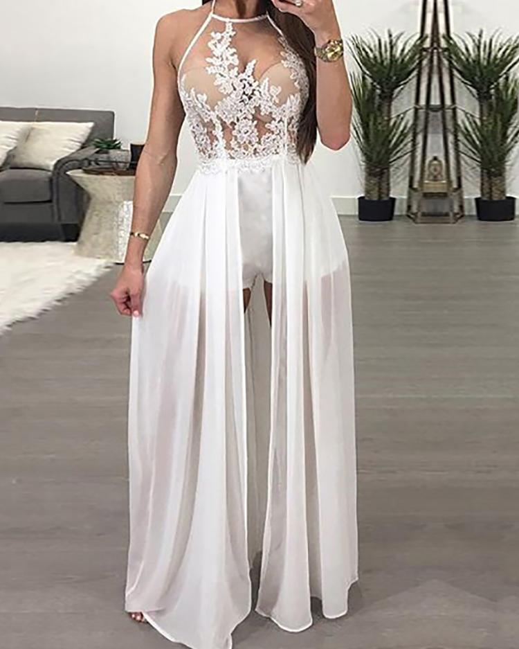 

Sexy Appliqued Sheer Mesh Pleated Maxi Romper Dress