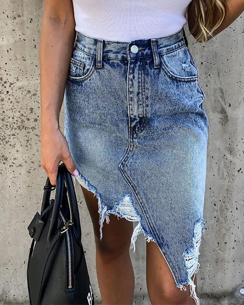 

Button Pocket Design Asymmetrical Denim Skirt, Blue