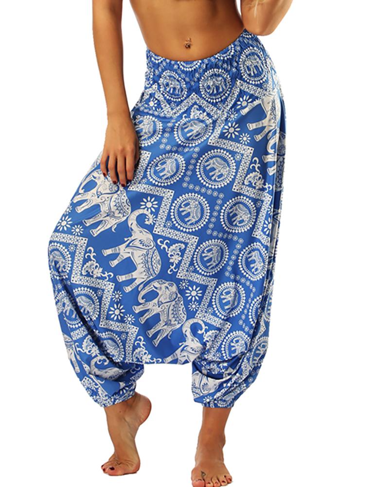 

High Waist Wide Leg Print Yoga Pant, Blue