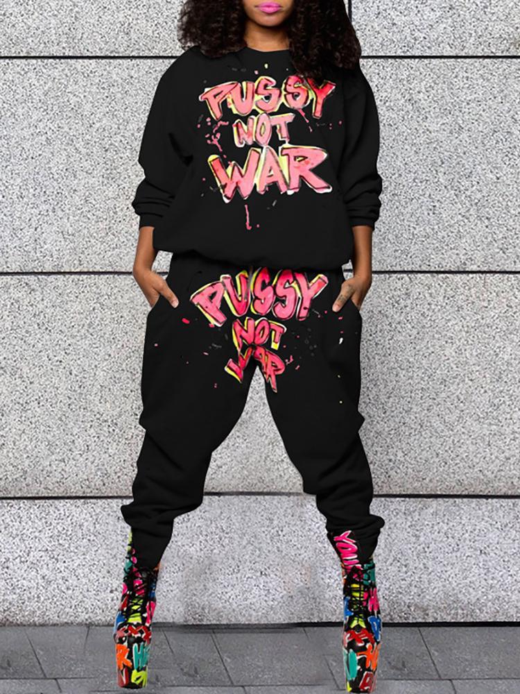 

Letter Print Pullover Casual Sweatshirt & Pant Sets, Black
