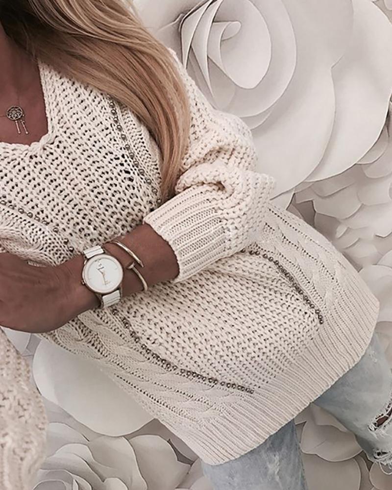 

Beaded Long Sleeve Knit Sweater, Beige