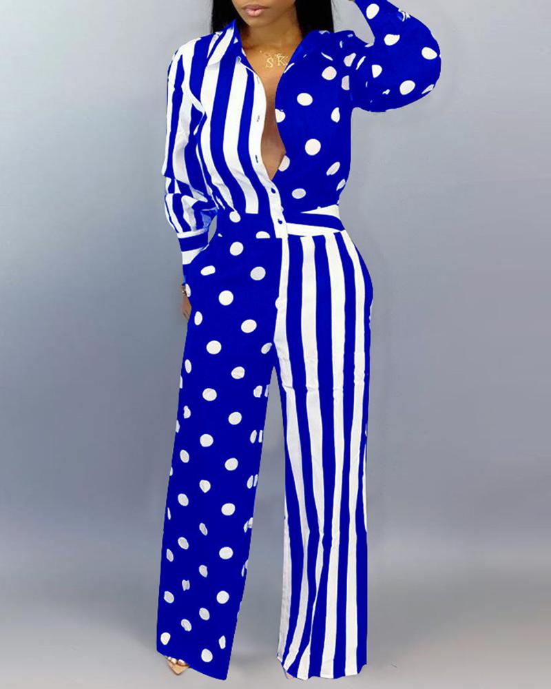 

Striped Polka Dot Print Buttoned Wide Leg Jumpsuit, Blue