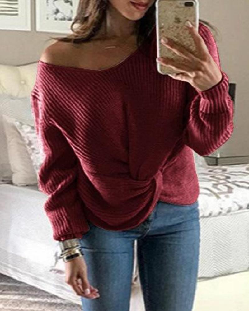 

Solid Ribbed Knit Long Sleeve Sweater, Red