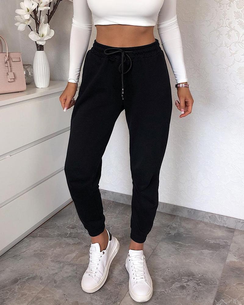 

Drawstring Pocket Design Casual Pants, Black