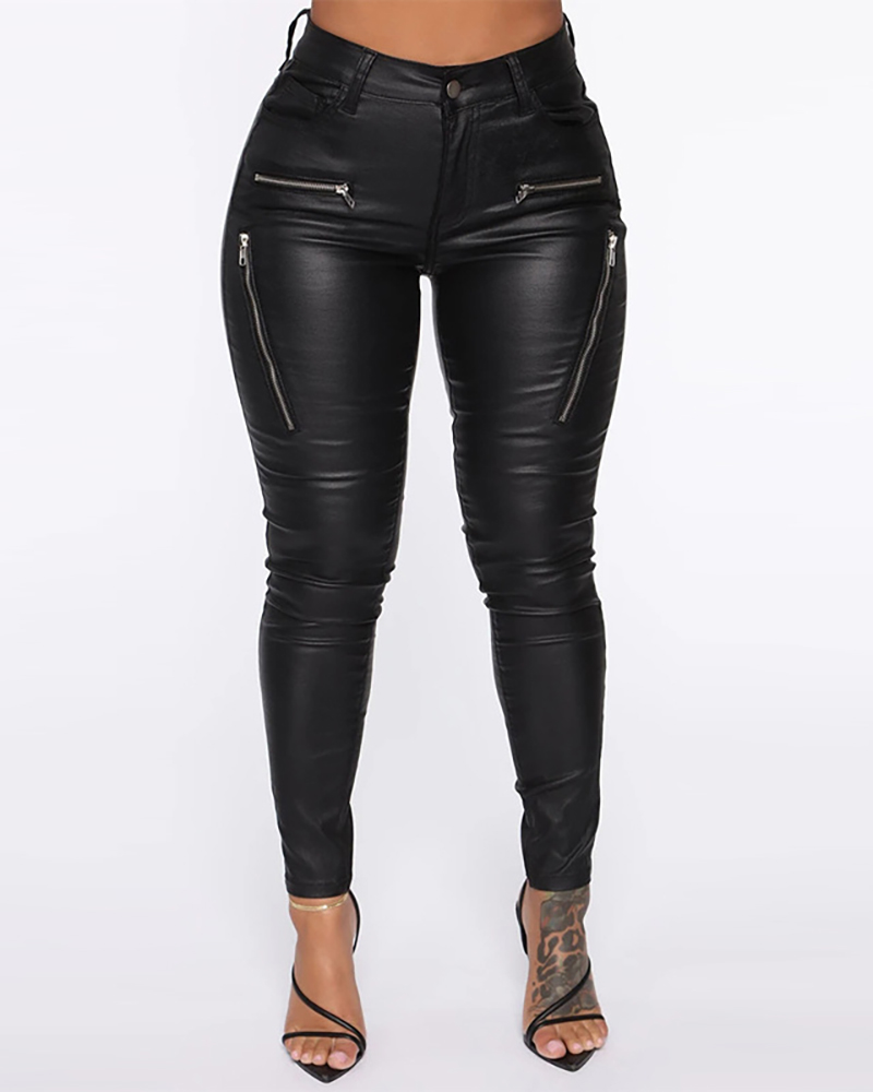 

High Waist Zipper Design Skinny PU Leather Pants, Black