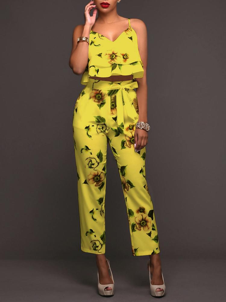 

Stylish Flounced Spaghetti Strap Floral Cropped Twinset, Yellow