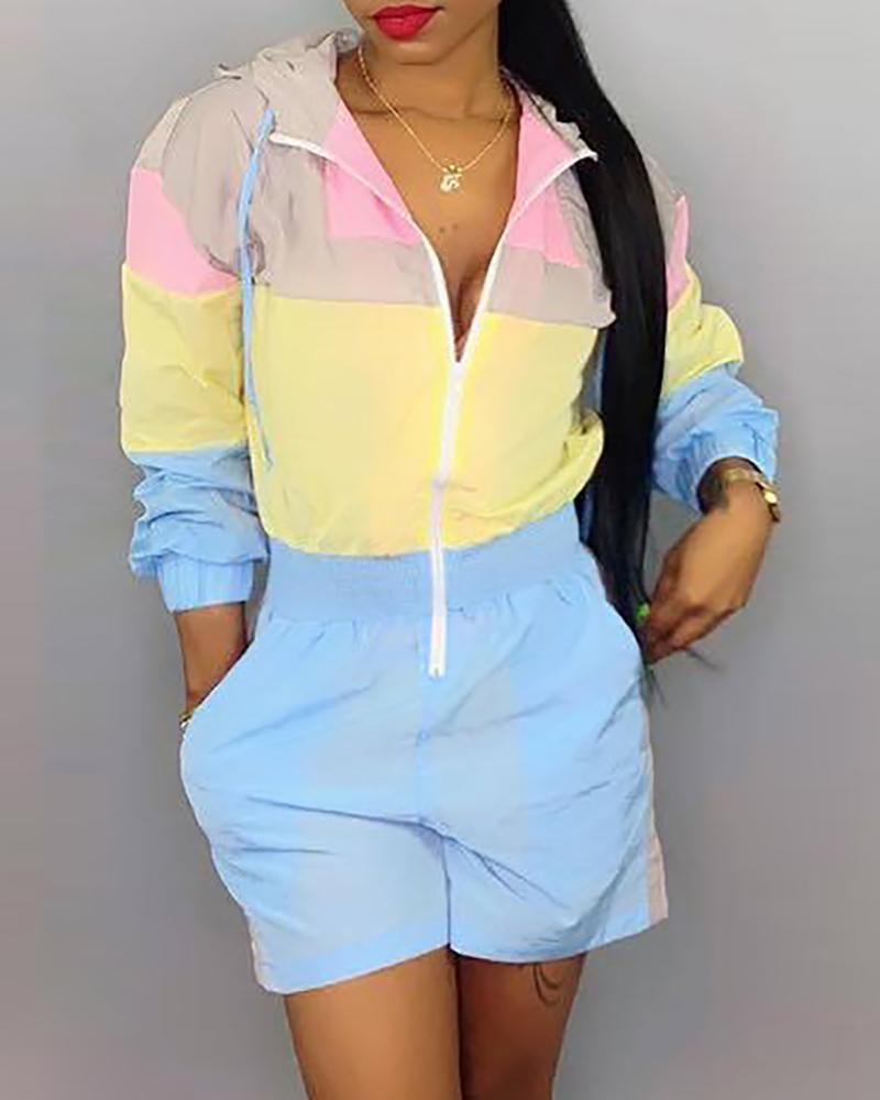 

Long Sleeve Colorblock Sunscreen Loose Romper, Light blue