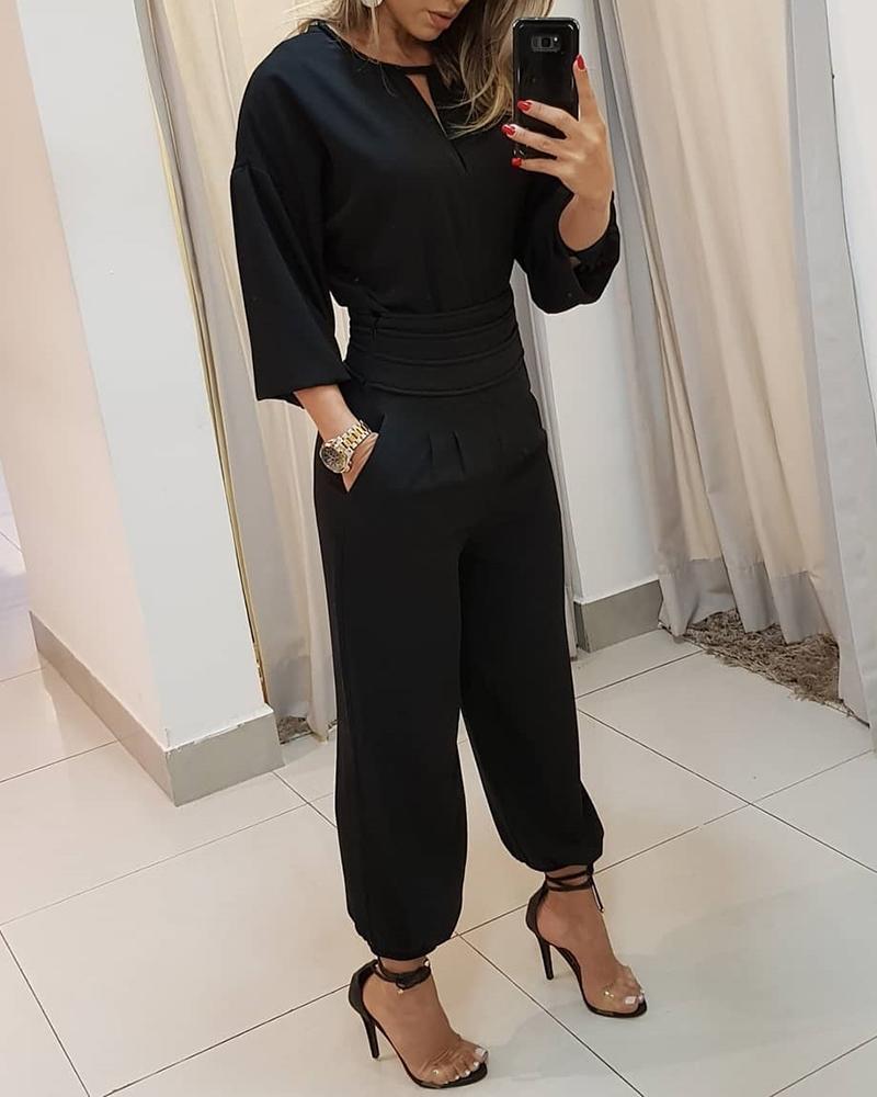 

Solid Lantern Sleeve Top & Pants Set, Black