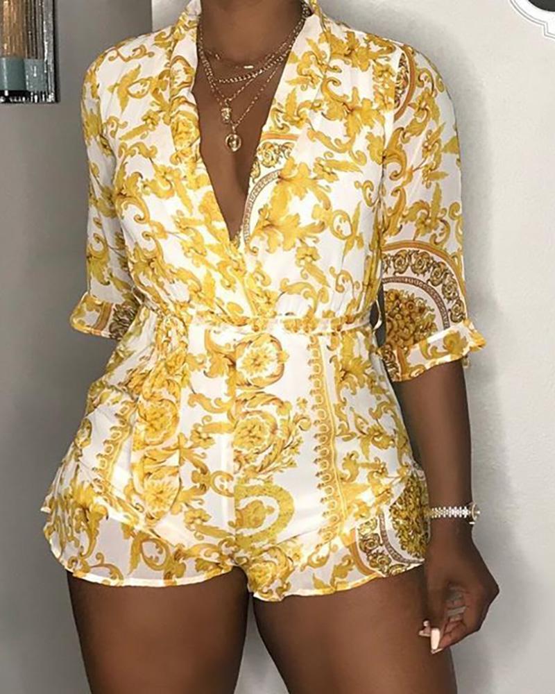

Baroque Print Short Sleeve Casual Romper, White