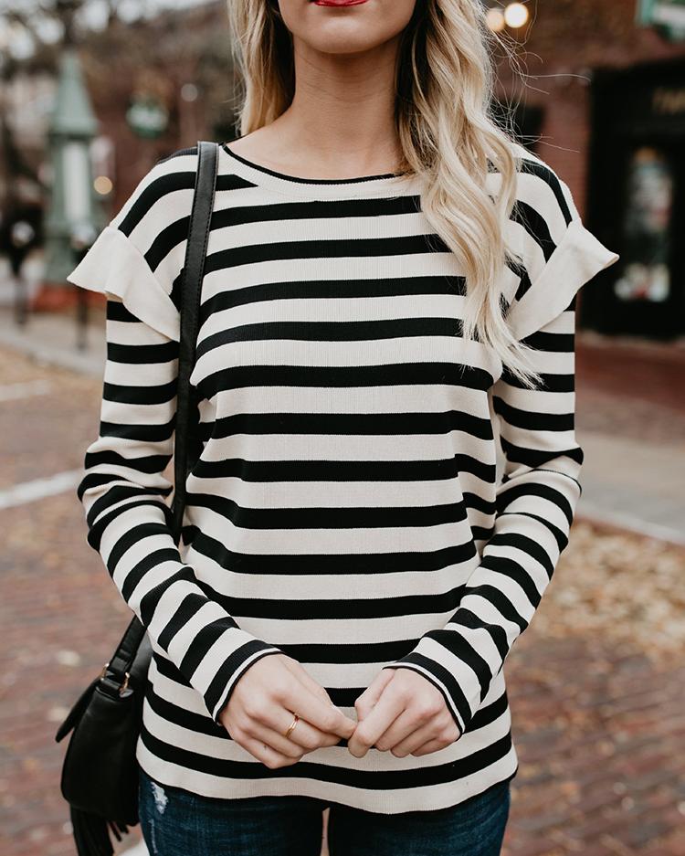 

Stripes Frilled Casual T-shirt, Black