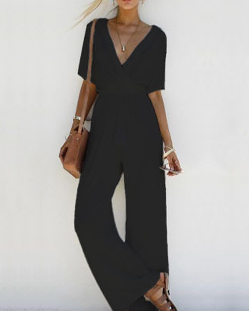 

Deep V Short Sleeve Tie Waist Jumpsuit, Black