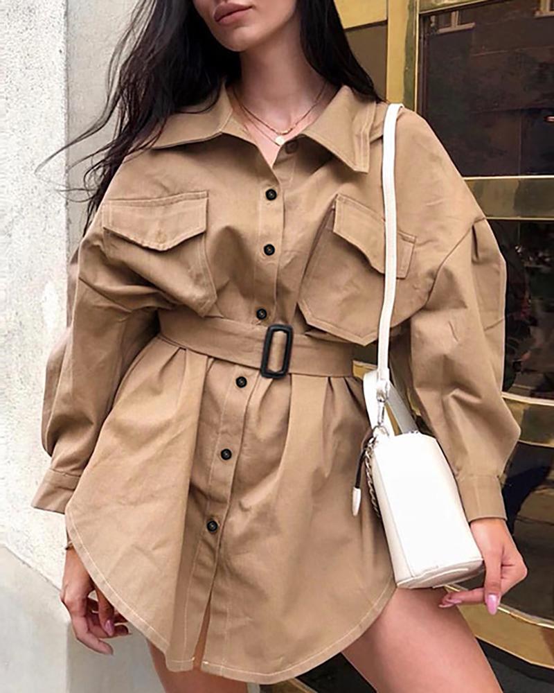 

Solid Long Sleeve Buttoned Pocket Coat, Khaki