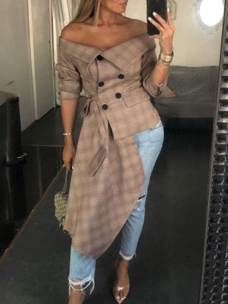 

Off Shoulder Grid Irregular Blazer