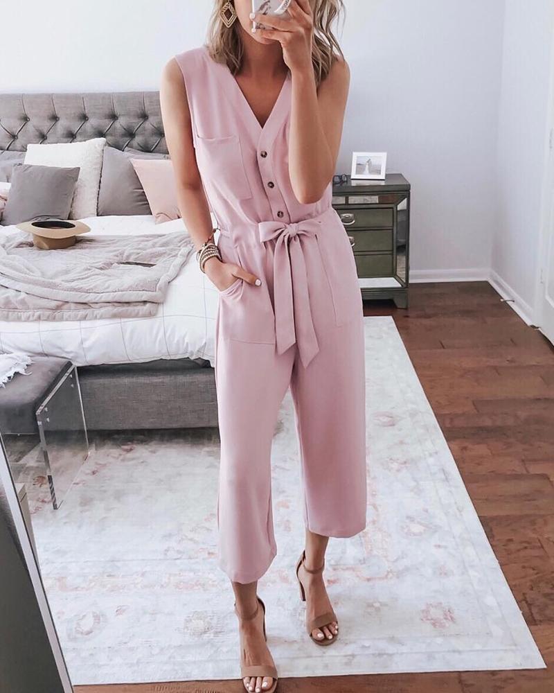 

V Neck Sleeveless Buttoned Pocket Casual Jumpsuit