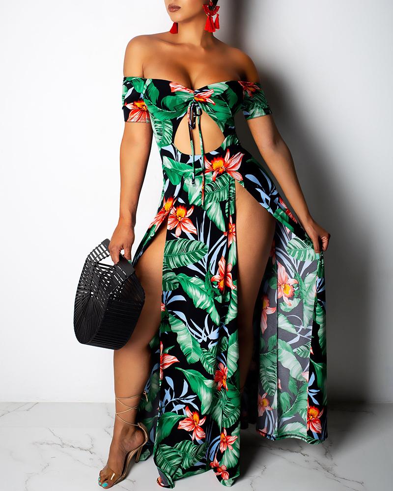

Off Shoulder Floral High Slit Maxi Dress, Green