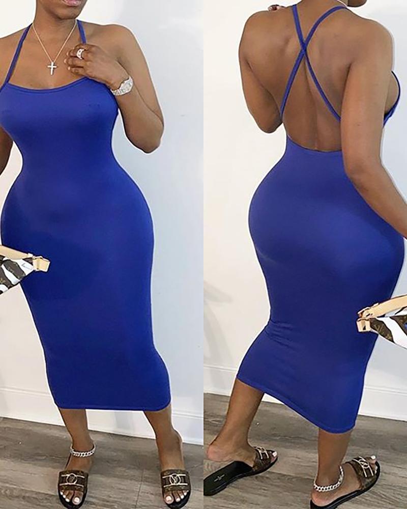 

Solid Halter Backless Midi Dress, Blue