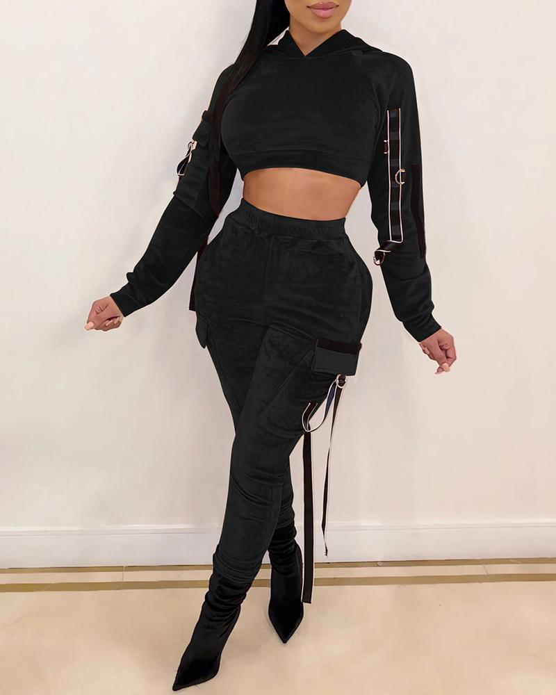 

Suede Hooded Crop Top & Pocket Pant Sets, Black