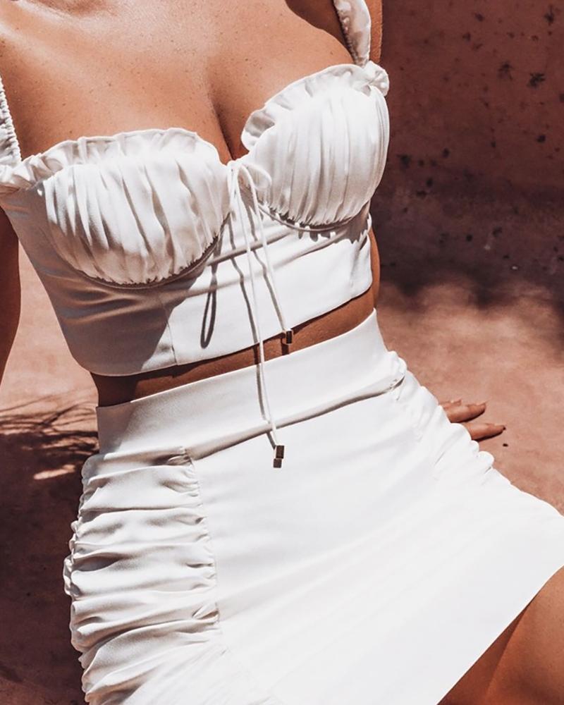 

Solid Frill Hem Ruched Top & Skirt Set, White