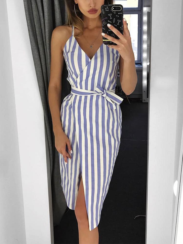 

Contrast Stripes Belted Wrapped Casual Dress