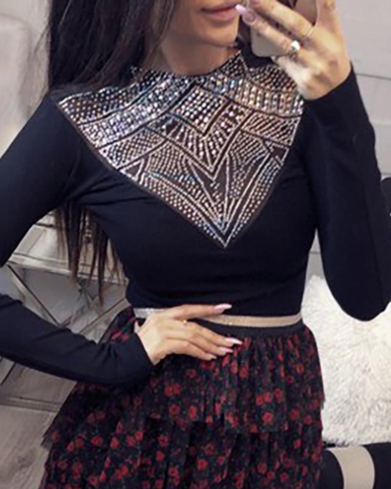 

Mesh Sequins Long Sleeve Blouse, Black
