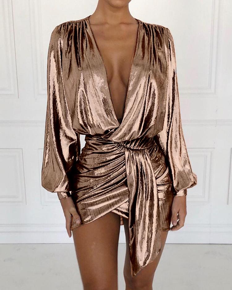 

Metallic Plunging Scrunched Irregular Party Dress, Rose gold
