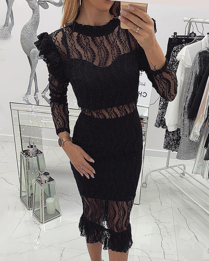 

Black Lace Stitching Long Sleeve Midi Dress
